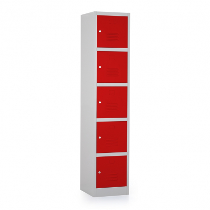 Kovová šatní skříňka - 5 boxů, 38 x 45 x 185 cm, cylindrický zámek, červená - ral 3000