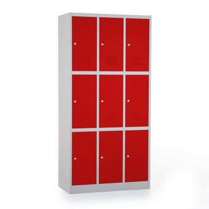 Kovová šatní skříňka - 9 boxů, 90 x 45 x 185 cm, cylindrický zámek, červená - ral 3000