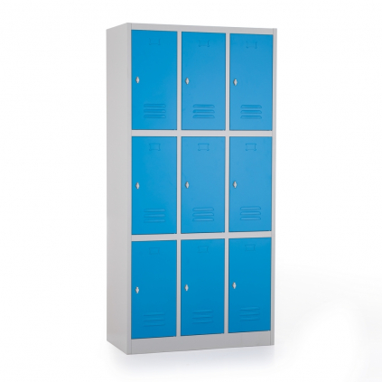 Kovová šatní skříňka - 9 boxů, 90 x 45 x 185 cm, otočný zámek, modrá - ral 5012