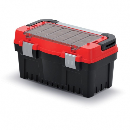 Kufr na nářadí s alu držadlem a zámky 47,6 × 26 × 25,6 cm, krabičky, červená