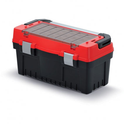 Kufr na nářadí s alu držadlem a zámky 54,8 × 27,4 × 28,6 cm, krabičky, červená