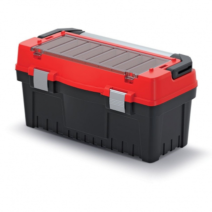 Kufr na nářadí s alu držadlem a zámky 59,4 × 28,8 × 30,8 cm, přepážky, červená