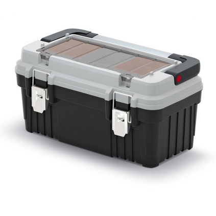 Kufr na nářadí s kovovým držadlem a zámky 47 × 25,6 × 23,8 cm, krabičky, šedá