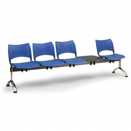 Plastová lavice VISIO, 4-sedák + stolek - chromované nohy, šedá