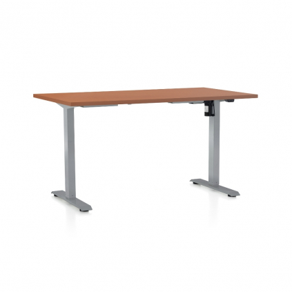 Výškově nastavitelný stůl OfficeTech A, 140 x 80 cm, šedá podnož, třešeň