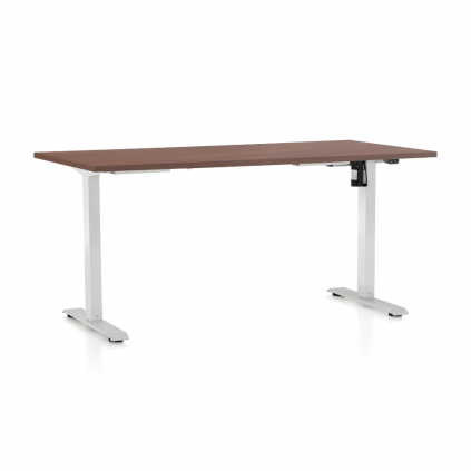 Výškově nastavitelný stůl OfficeTech A, 160 x 80 cm, bílá podnož, ořech