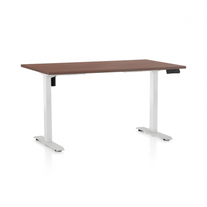 Výškově nastavitelný stůl OfficeTech B, 140 x 80 cm, bílá podnož, ořech