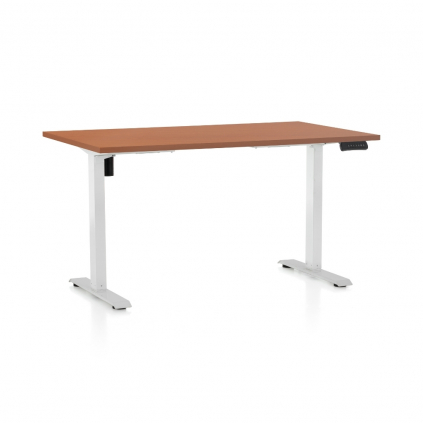 Výškově nastavitelný stůl OfficeTech B, 140 x 80 cm, bílá podnož, třešeň