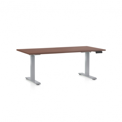 Výškově nastavitelný stůl OfficeTech D, 160 x 80 cm, šedá podnož, ořech