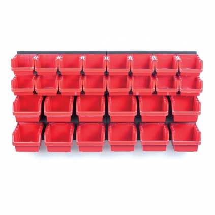 Závěsný panel 80 × 16,5 × 40 cm, 28 boxů na nářadí, černá / červená
