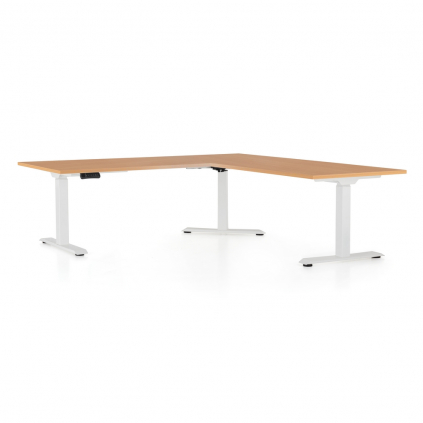 Výškově nastavitelný stůl OfficeTech Angle, 180 + 120 cm, bílá podnož, buk