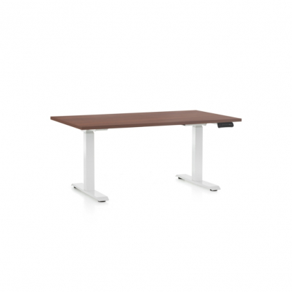Výškově nastavitelný stůl OfficeTech D, 140 x 80 cm, bílá podnož, ořech