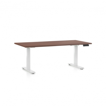 Výškově nastavitelný stůl OfficeTech D, 160 x 80 cm, bílá podnož, ořech