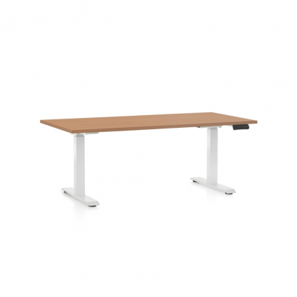 Výškově nastavitelný stůl OfficeTech D, 160 x 80 cm, bílá podnož, buk