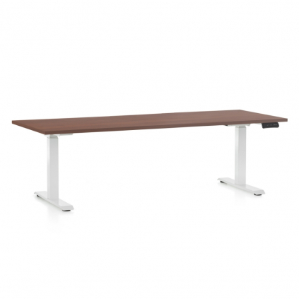 Výškově nastavitelný stůl OfficeTech D, 200 x 80 cm, bílá podnož, ořech