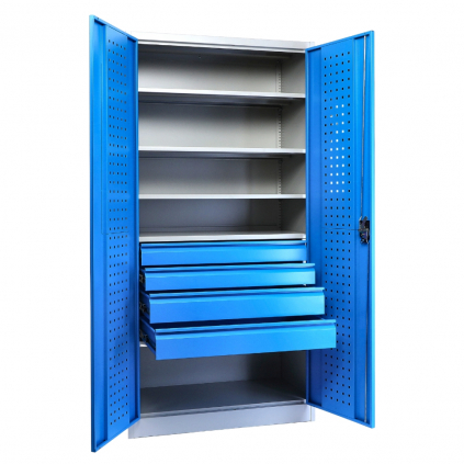 Kovová skříň na nářadí se zásuvkami, 91,4 × 45,7 × 183 cm, cylindrický zámek, modrá - ral 5012