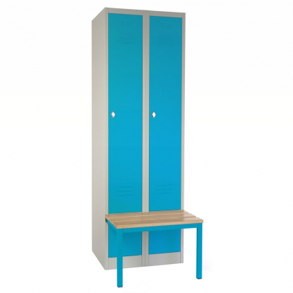 Kovová šatní skříňka s lavičkou, 60 x 85 x 185 cm, sokl, otočný zámek, modrá - RAL 5012