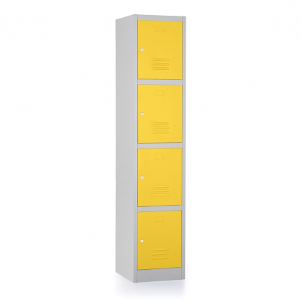 Kovová šatní skříňka - 4 boxy, 38 x 45 x 185 cm, cylindrický zámek, žlutá - ral 1023