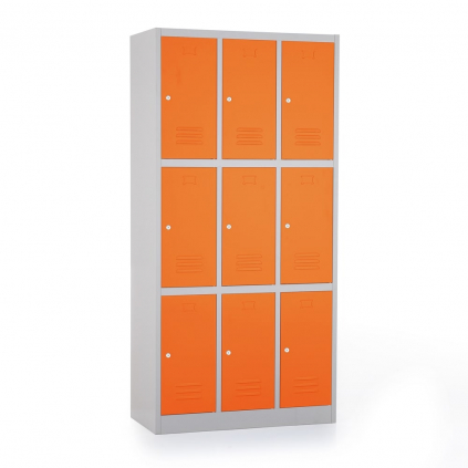 Kovová šatní skříňka - 9 boxů, 90 x 45 x 185 cm, cylindrický zámek, oranžová - ral 2004
