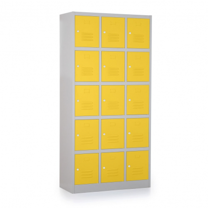 Kovová šatní skříňka - 15 boxů, 90 x 40 x 185 cm, cylindrický zámek, žlutá - ral 1023