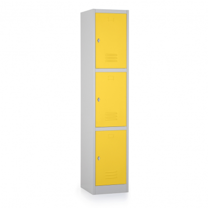 Kovová šatní skříňka - 3 boxy, 38 x 45 x 185 cm, otočný zámek, žlutá - ral 1023