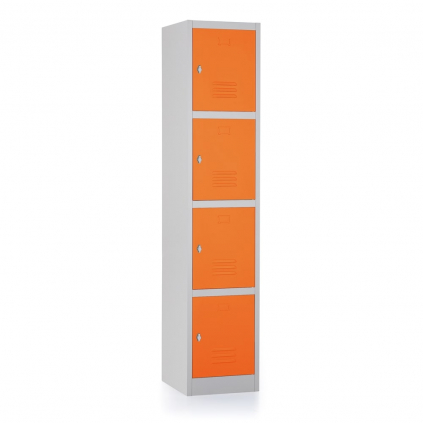 Kovová šatní skříňka - 4 boxy, 38 x 45 x 185 cm, otočný zámek, oranžová - ral 2004