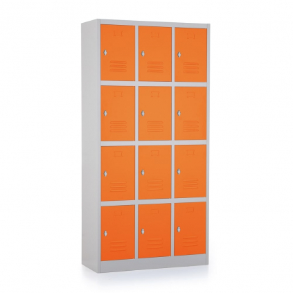 Kovová šatní skříňka - 12 boxů, 90 x 40 x 185 cm, otočný zámek, oranžová - ral 2004