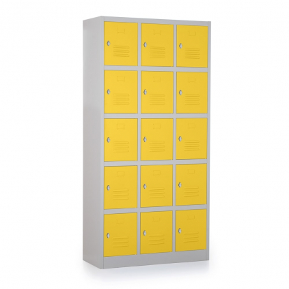 Kovová šatní skříňka - 15 boxů, 90 x 40 x 185 cm, otočný zámek, žlutá - ral 1023