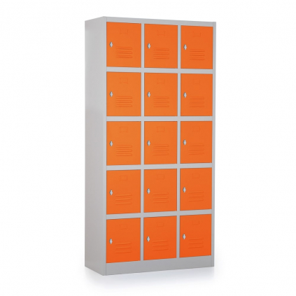 Kovová šatní skříňka - 15 boxů, 90 x 40 x 185 cm, otočný zámek, oranžová - ral 2004