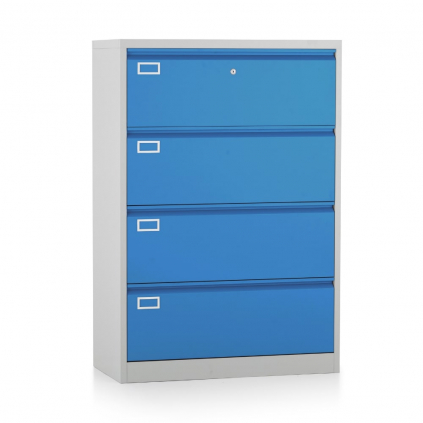 Dvouřadá kovová kartotéka A4 - 4 zásuvky, 90 x 45 x 132 cm, cylindrický zámek, modrá - ral 5012