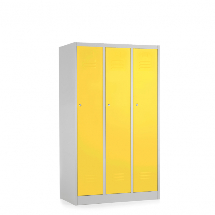 Kovová šatní skříňka - 3 oddíly, 90 x 50 x 150 cm, cylindrický zámek, žlutá - ral 1023