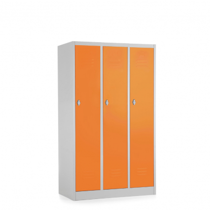 Kovová šatní skříňka - 3 oddíly, 90 x 50 x 150 cm, otočný zámek, oranžová - ral 2004