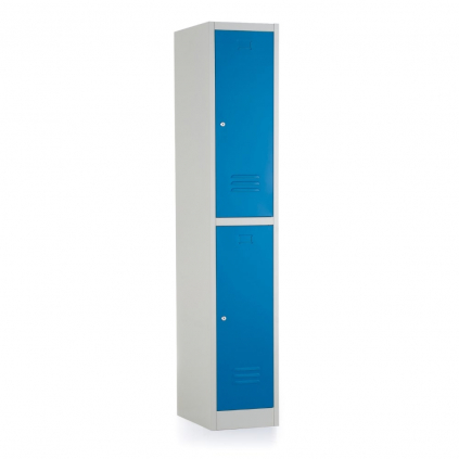 Kovová šatní skříňka - 2 boxy, 38 x 45 x 185 cm, cylindrický zámek, modrá - ral 5012