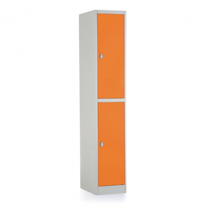 Kovová šatní skříňka - 2 boxy, 38 x 45 x 185 cm, otočný zámek, oranžová - ral 2004