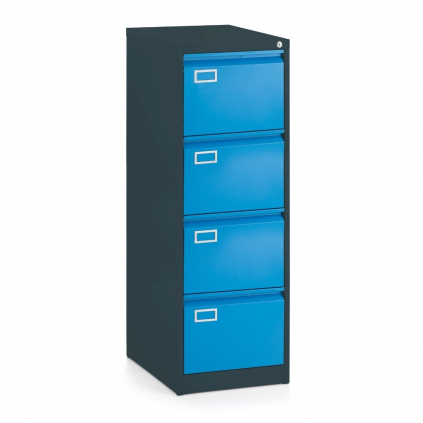 Kovová kartotéka A4 - 4 zásuvky, 45,5 x 62 x 132 cm, cylindrický zámek, modrá - ral 5012