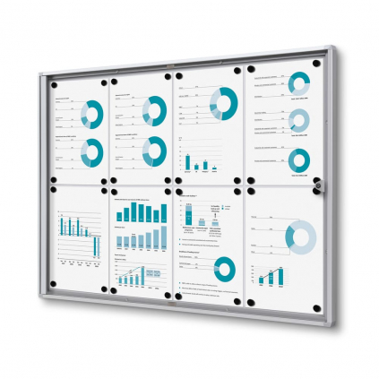 Interiérová informační vitrína Economy 8 x A4 - plechová záda, protipožární, hliník
