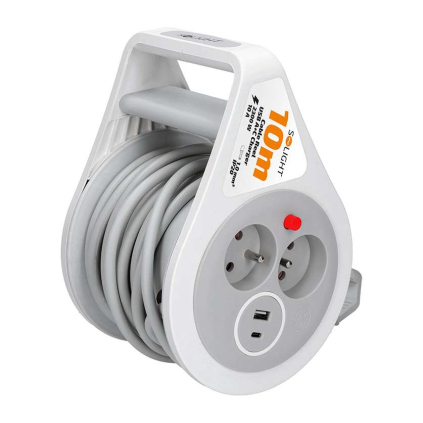 Prodlužovací kabel na bubnu 2Z + USB - 10m, šedá