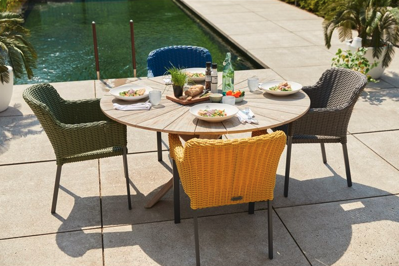 Léto pro milovníky designu. Židle, co vám sednou, pohoda ve stínu pod slunečníky a hvězdné grilování