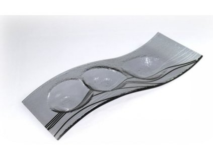 Skleněný svícen FLY  3 šedý s černo-stříbrným dekorem