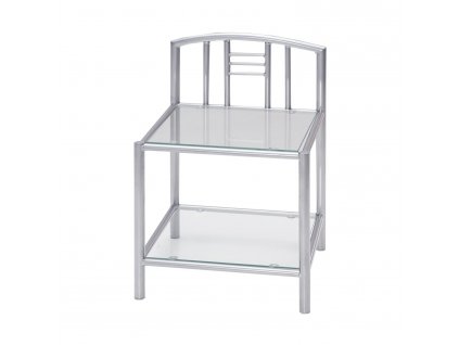 Elegantní stříbrný noční stolek PARIS 3020 s kovovou konstrukcí a skleněnými policemi