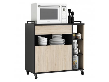 Praktická skříňka na mikrovlnku INDUS, dub Sonoma/černá, s kolečky