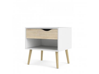 Noční stolek Retro 394 bílý/dub sonoma, lamino, kulaté nožky, 15 mm