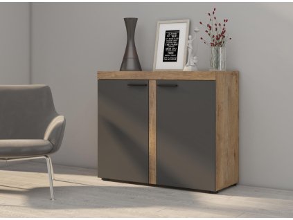 Komoda Rizo 2D - dub lefkas/grafit, moderní design, praktické úložiště