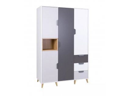 Moderní skříň Poker R1 - bílé lamino, velký úložný prostor, šedá a dub Lefkas