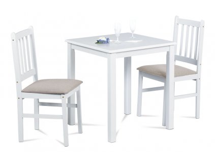 Jídelní set 1+2, stůl 69 x 69 x75 cm, masiv kaučukovník, bílý mat, šedé látkové sedáky