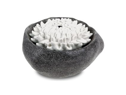 Fontána s LED osvětlením - polyresin, černá, dekor kámen a bílý květ (Barva Černá)