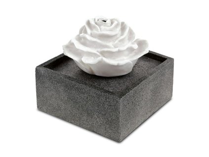 Fontána s LED světlem - polyresin, dekor kámen, a bílá růže (Barva Černá)