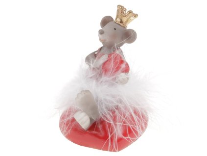 Myš na srdíčku - polyresin, s korunkou a bílou sukní z peří (Barva Šedá)