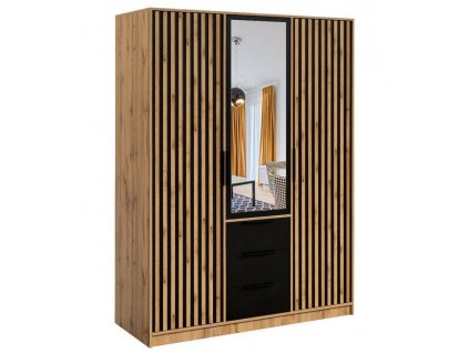 Šatní skříň BASILIO LUX 147, 3 dveře, dub wotan/černá, zrcadlo 200 cm