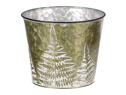 Obal z kovu na květiny, v zelené barvě s kapradím. (Barva Zelená)